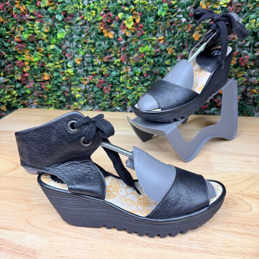 Fly London Yasi Black Leather Lace Up Ankle Wedge Sandals Shoes 501206000 40